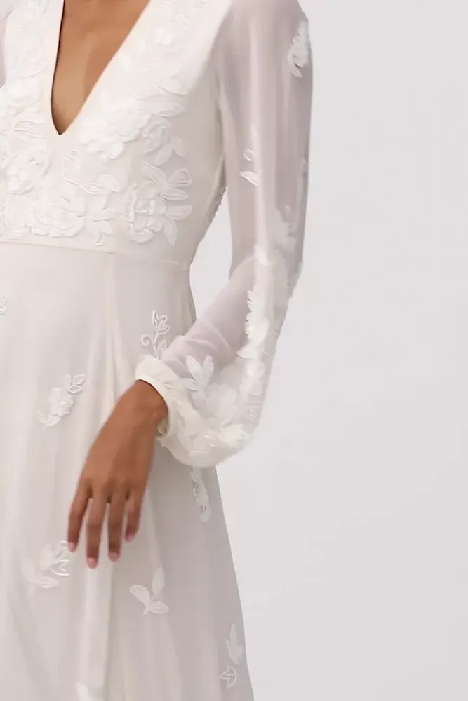 BHLDN Nassau Long-Sleeve Deep-V Embroidered Side-Slit Wedding Gown