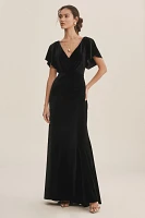 Jenny Yoo Ellis Flutter-Sleeve Open-Back Stretch Velvet Gown