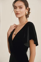 Jenny Yoo Ellis Flutter-Sleeve Open-Back Stretch Velvet Gown