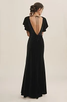 Jenny Yoo Ellis Flutter-Sleeve Open-Back Stretch Velvet Gown