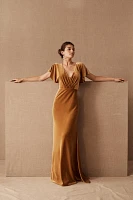 Jenny Yoo Ellis Flutter-Sleeve Open-Back Stretch Velvet Gown