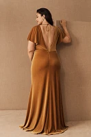 Jenny Yoo Ellis Flutter-Sleeve Open-Back Stretch Velvet Gown