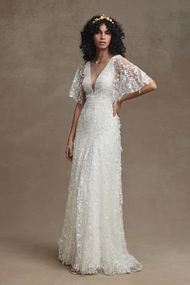 Jenny by Yoo Lourdes V-Neck Convertible-Sleeve Lace Wedding Gown