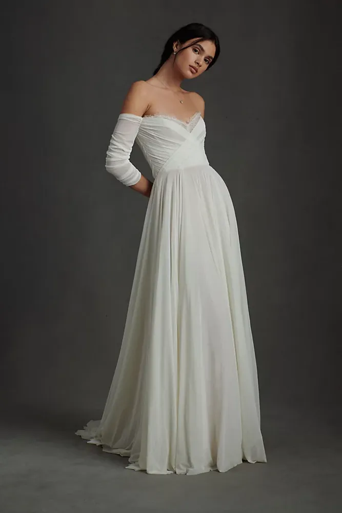 Wtoo by Watters Miles V-Neck Ruched-Sleeve Mesh Wedding Gown