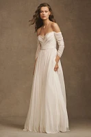 Wtoo by Watters Miles V-Neck Ruched-Sleeve Mesh Wedding Gown