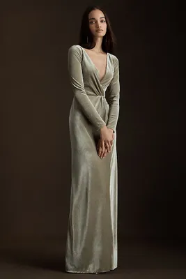 Jenny Yoo Ryland V-Neck Long-Sleeve Open-Back Stretch Velvet Gown