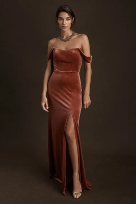 Jenny Yoo Issa Off-The-Shoulder Stretch Velvet Column Gown