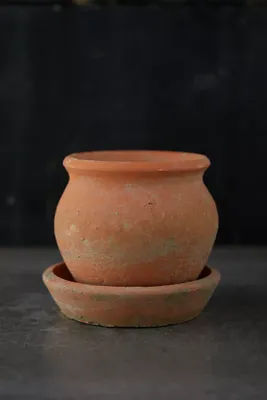 Earth Fired Clay Natural Curve Pots + Saucers, 3 Sizes Set