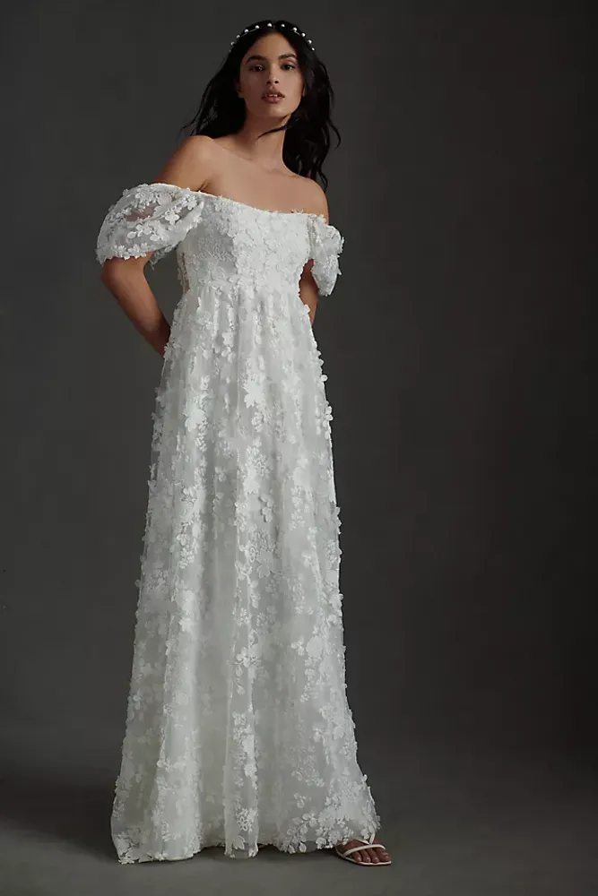 Willowby by Watters Lilia Puff-Sleeve Lace Empire Wedding Gown