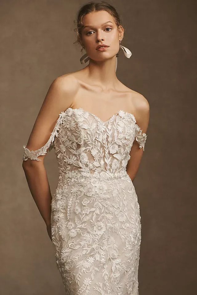 Watters Glimpse Long-Sleeve Off-The-Shoulder Corset Wedding Gown