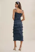 V. Chapman Lily Printed Ruched & Ruffled Stretch Midi Dress