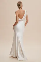 Watters Mirall Cowl-Neck Button-Slit Satin Sheath Wedding Gown