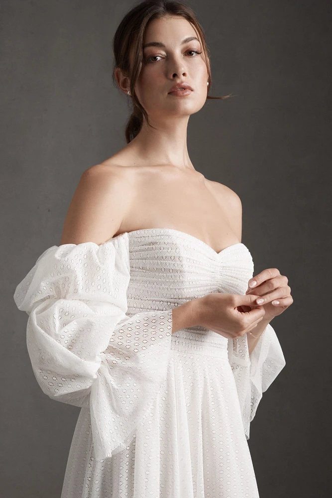 Willowby by Watters Cameron Tiered-Sleeve Off-Shoulder Mesh Column Wedding Gown