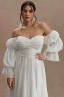 Willowby by Watters Cameron Tiered-Sleeve Off-Shoulder Mesh Column Wedding Gown