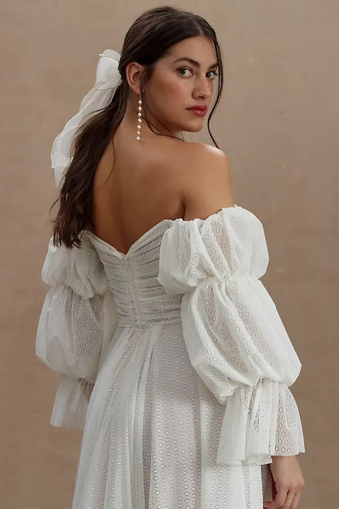 Willowby by Watters Cameron Tiered-Sleeve Off-Shoulder Mesh Column Wedding Gown