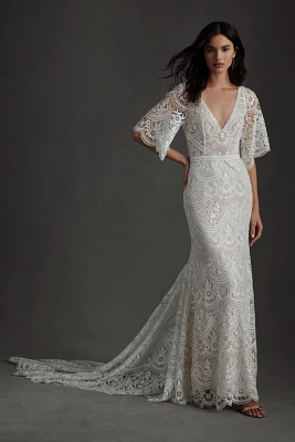 Rish Haleh Flutter-Sleeve Allover Lace V-Neck Fit & Flare Wedding Gown