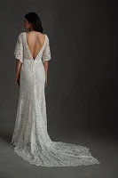 Rish Haleh Flutter-Sleeve Allover Lace V-Neck Fit & Flare Wedding Gown