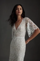 Rish Haleh Flutter-Sleeve Allover Lace V-Neck Fit & Flare Wedding Gown