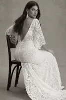 Rish Haleh Flutter-Sleeve Allover Lace V-Neck Fit & Flare Wedding Gown