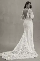 Rish Haleh Flutter-Sleeve Allover Lace V-Neck Fit & Flare Wedding Gown