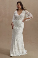 Rish Haleh Flutter-Sleeve Allover Lace V-Neck Fit & Flare Wedding Gown