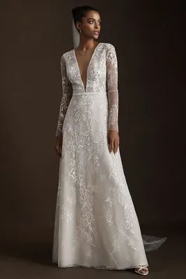 Riki Dalal Joan Illusion V-Neck Long-Sleeve Lace Wedding Gown with Swarovski Crystal Belt