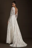 Riki Dalal Joan Illusion V-Neck Long-Sleeve Lace Wedding Gown with Swarovski Crystal Belt