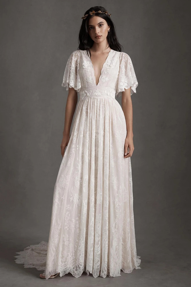 BHLDN Katarina Butterfly-Sleeve V-Neck Empire Embroidered Wedding Gown