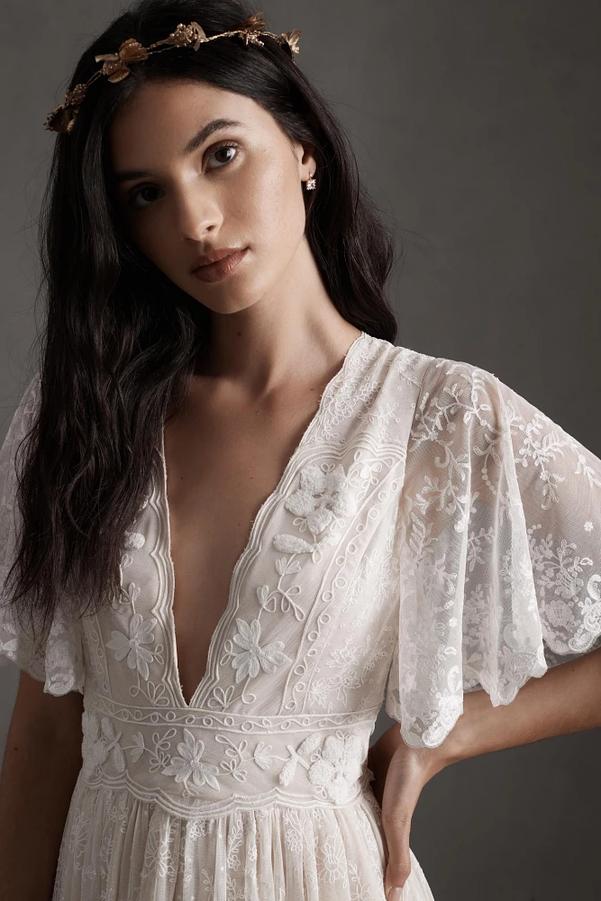 BHLDN Katarina Butterfly-Sleeve V-Neck Empire Embroidered Wedding Gown