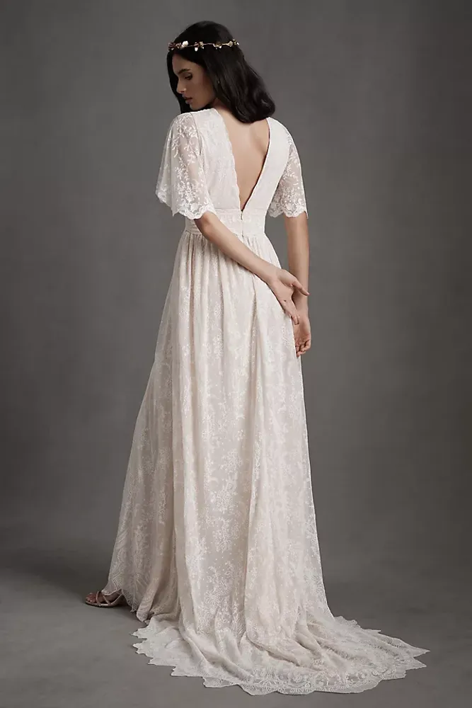 BHLDN Katarina Butterfly-Sleeve V-Neck Empire Embroidered Wedding Gown