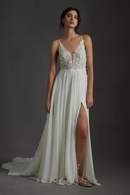 Jenny by Yoo Kelsey Chiffon & Lace V-Neck A-Line Wedding Gown