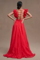 Mac Duggal Indy A-Line Ruffled Back-Lace Chiffon Gown