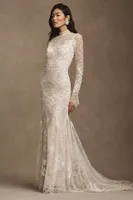 Watters Frances High-Neck Lace Sheath Wedding Gown