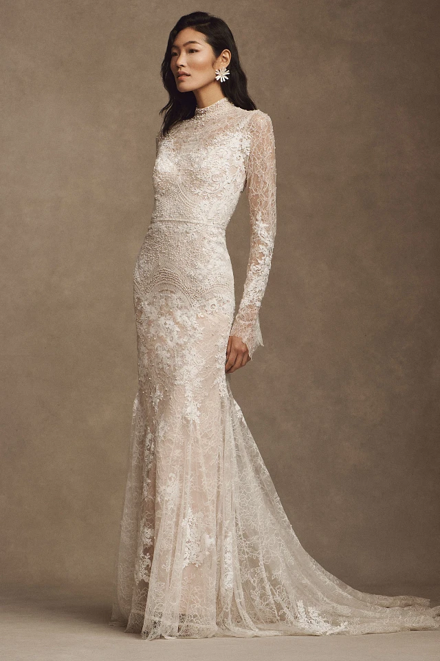 Watters Frances High-Neck Lace Sheath Wedding Gown at MarketFair Shoppes in  Princeton, NJ