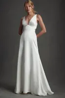 Watters Collins Plunge-Neckline Satin Wedding Gown