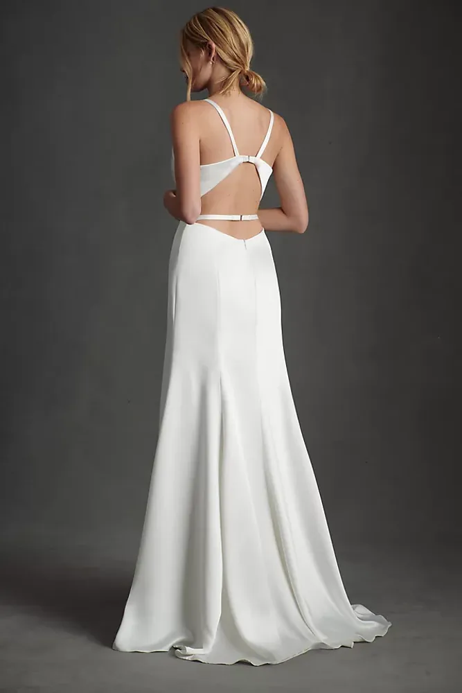 Watters Collins Plunge-Neckline Satin Wedding Gown