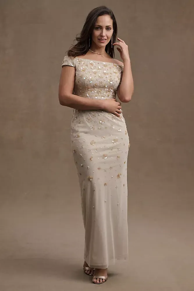 BHLDN Rosie Off-Shoulder Beaded Back-Slit Column Gown