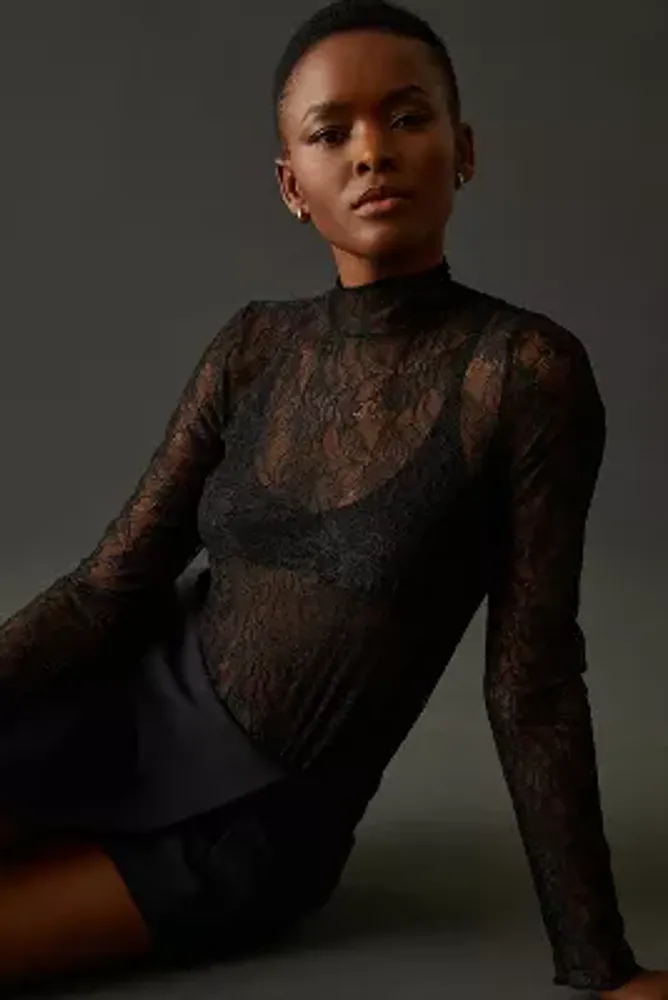 By Anthropologie Sheer Lace Long-Sleeve Bodysuit