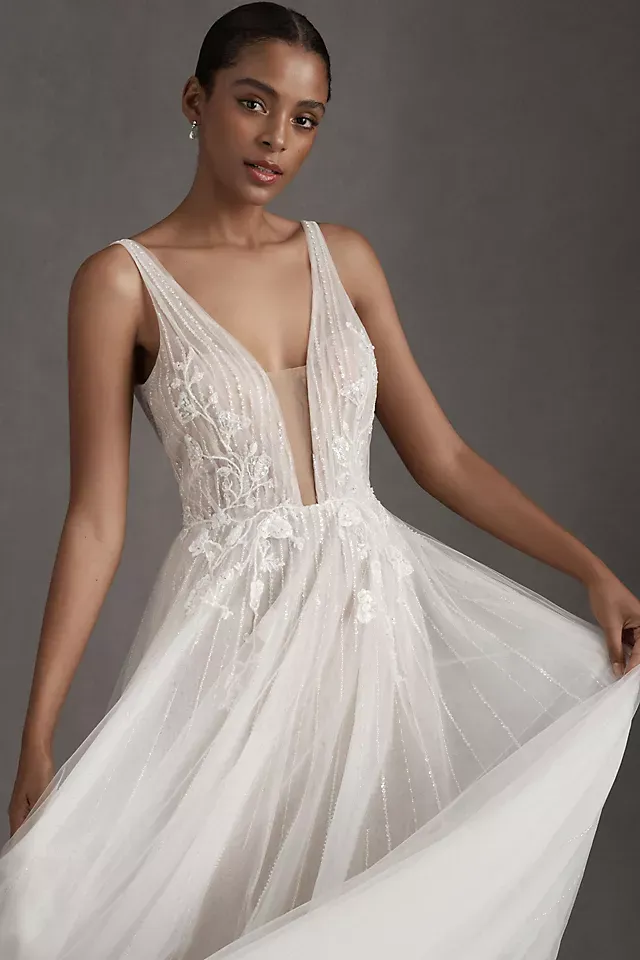 Watters January Plunge-Neckline Beaded Tulle Wedding Gown