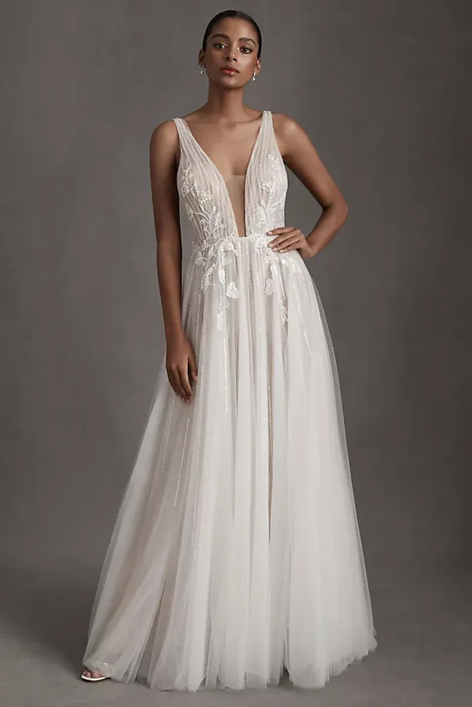 NICOLA  Plunge Neckline Fitted White Formal Dress – Envious Bridal & Formal
