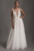 Watters January Plunge-Neckline Beaded Tulle Wedding Gown