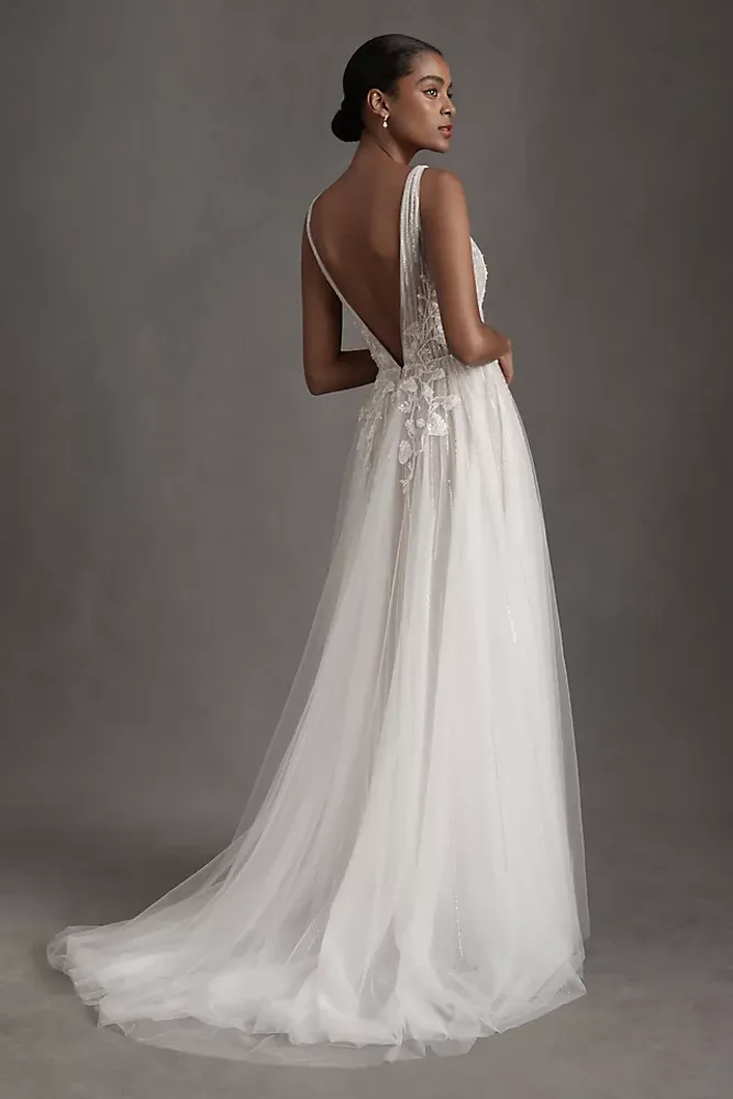 Watters January Plunge-Neckline Beaded Tulle Wedding Gown