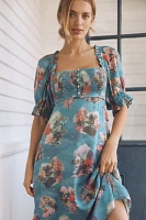 By Anthropologie Puff-Sleeve Smocked Midi Dress