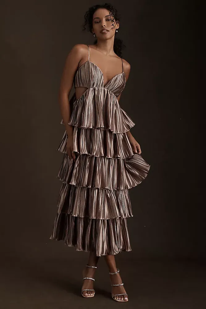 BHLDN by Carly Cushnie Brenna Tiered Pleated V-Neck Cutout Midi Dress
