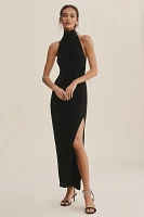 Norma Kamali Halter Turtleneck Side-Slit Stretch Jersey Midi Dress