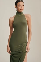 Norma Kamali Halter Turtleneck Side-Slit Stretch Jersey Midi Dress