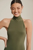 Norma Kamali Halter Turtleneck Side-Slit Stretch Jersey Midi Dress