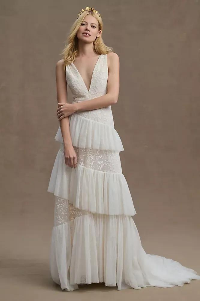 BHLDN Otto V-Neck Tiered Tulle Wedding Gown