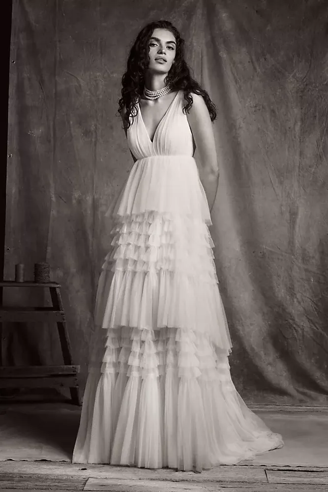 BHLDN Tinka Tiered V-Neck Tulle Wedding Gown