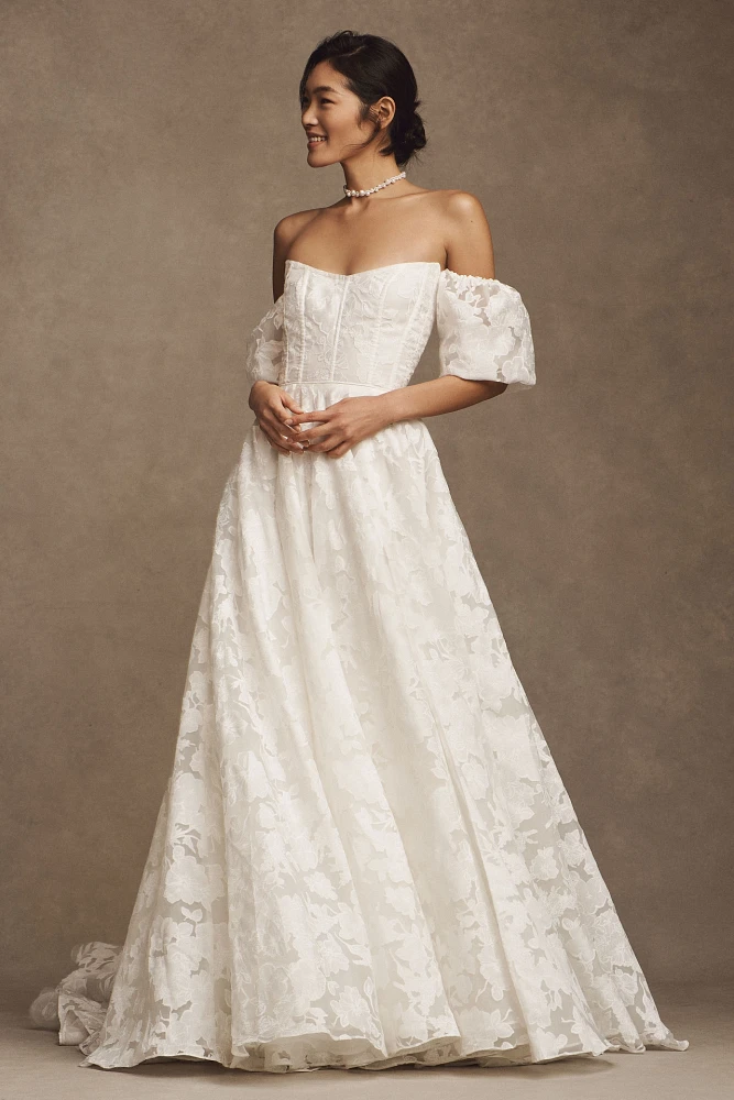 Jenny by Yoo Holden Off-The-Shoulder Corset Floral Lace Ball-Skirt Wedding Gown